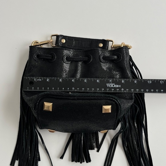 Brian Atwood Pippa Bucket Bag Black Metallic Mini Edgy Glam Western Fringe Boho - Picture 10 of 12